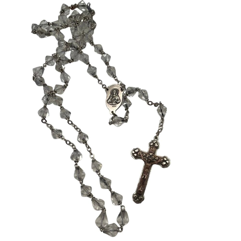 Vintage Catholic Glass Cut Crystal Rosary‎ Virgin Mary Two Tone Crucifix Italy